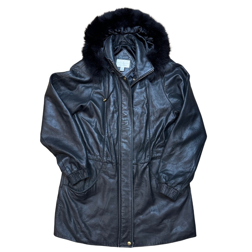 Woman's Medium Soft Leather Genuine Lambskin Coat With Hood‎ Worthington Black